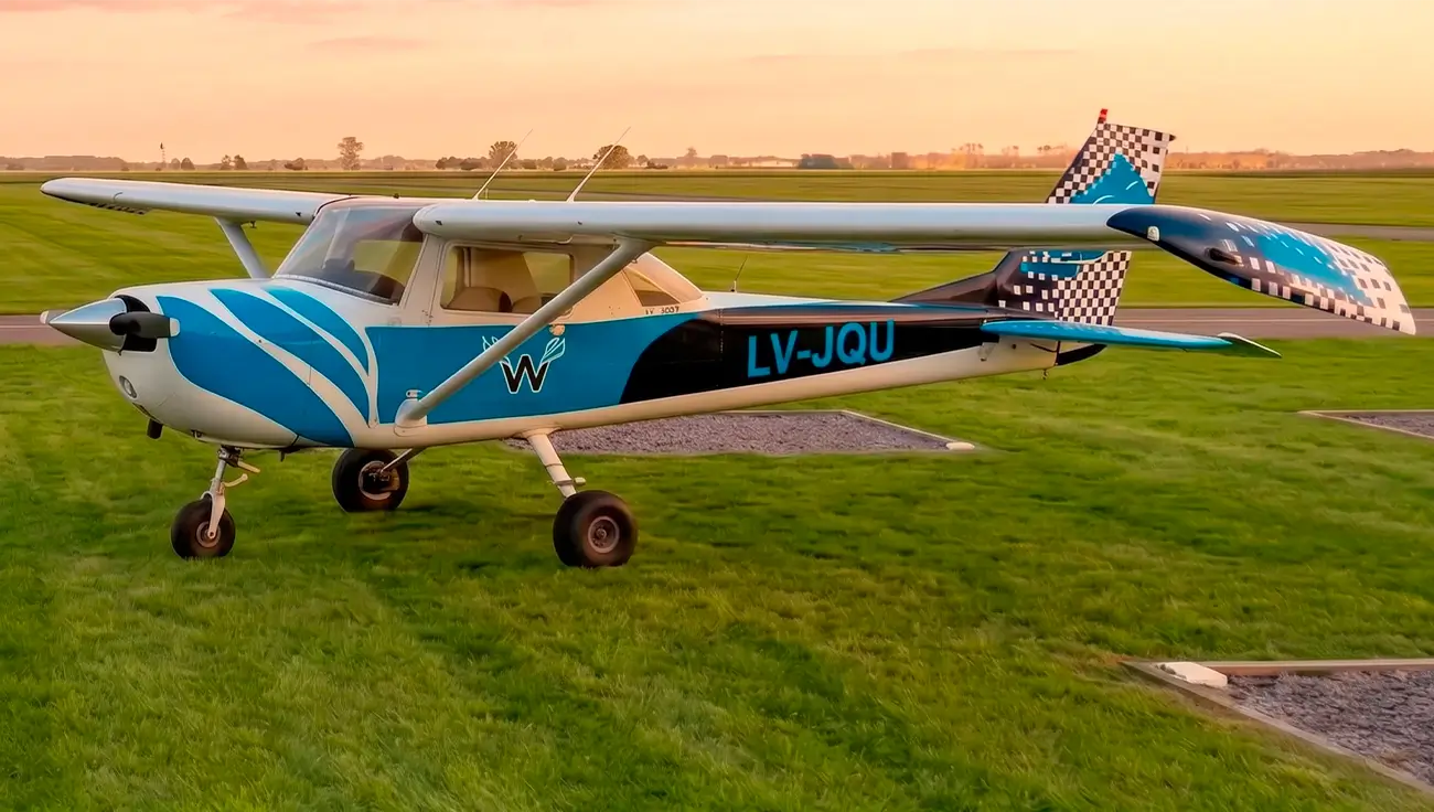 Cessna 150 matrícula LV-JQU de la flota de WE FLY ACADEMIA, en el aeródromo